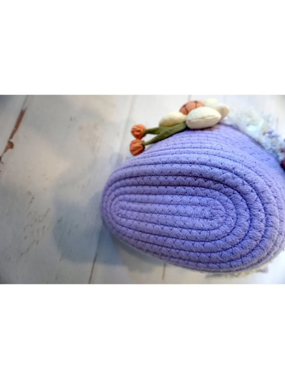 Handwoven Purple Round Bag With Floral Applique Handles